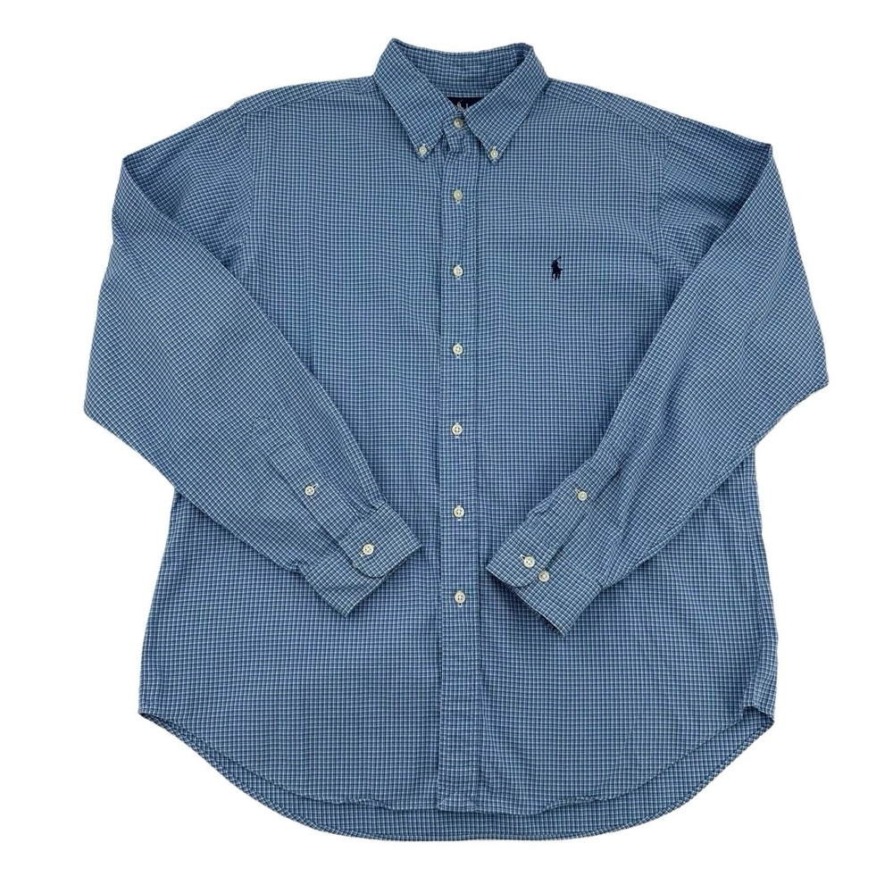 Ralph Lauren Mens Blue White Micro Check Classic Fit Cotton Button Down Shirt L